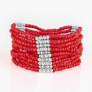 New Paparazzi OUTBACK ODYSSEY RED AND SILVER SEED BEAD STRETCHY BRACELET
